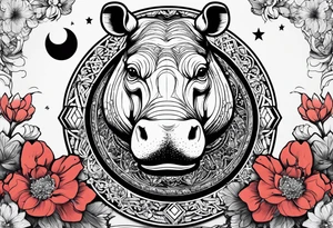 Hippo, flowers, moon, interstella, artic surreal, 
Extreme fine lines, tribal, geometric, japanese, artistic tattoo idea