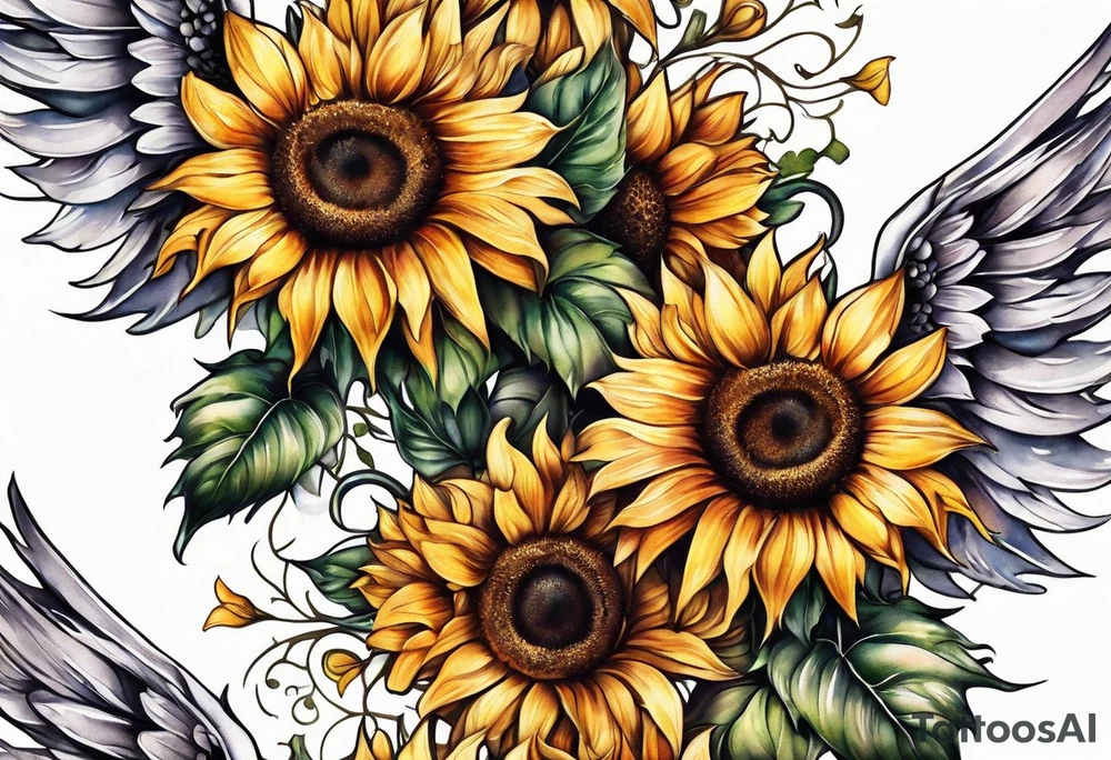 Sunflowers and angel wings leg sleeve tattoo idea