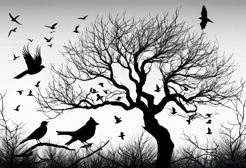 Leafless tree with a mix of birds and black birds flying by it. Make it skinnier with no leaves and just branches tattoo idea