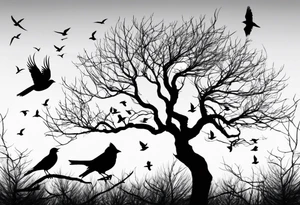 Leafless tree with a mix of birds and black birds flying by it. Make it skinnier with no leaves and just branches tattoo idea