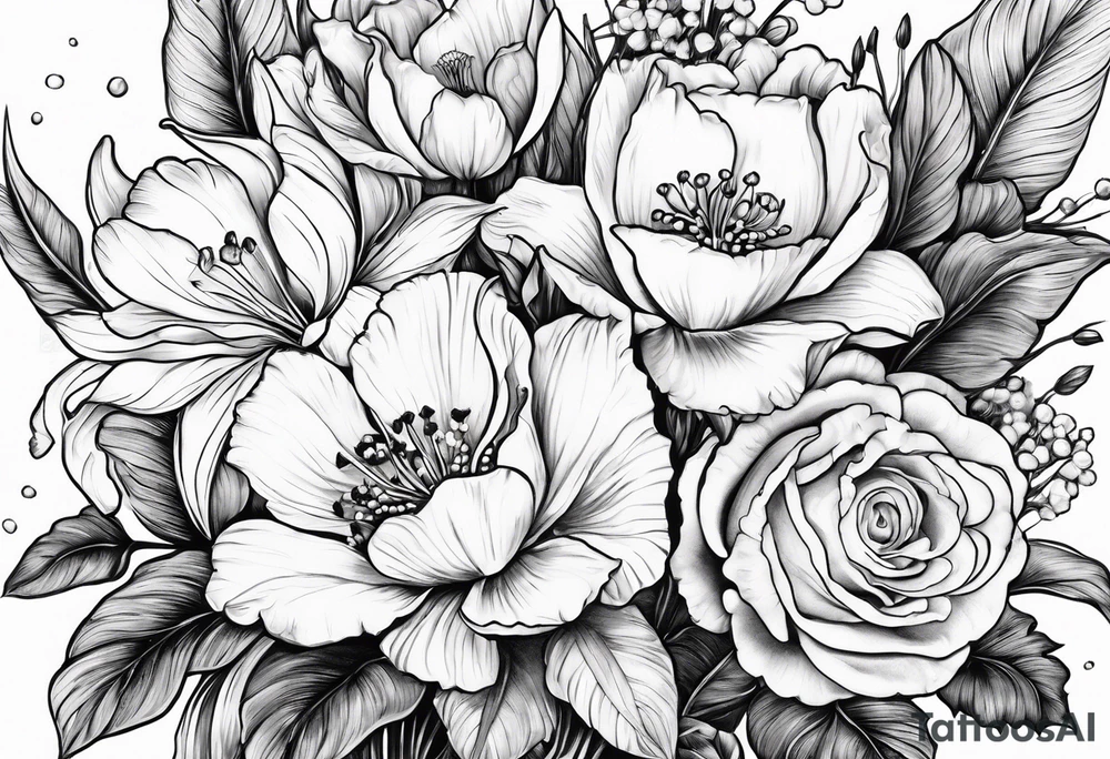 Bouquet 
with 1 snowdrop 2 carnations 1 rose 1 lily of the valley 1 daffodil 1 peony tattoo idea