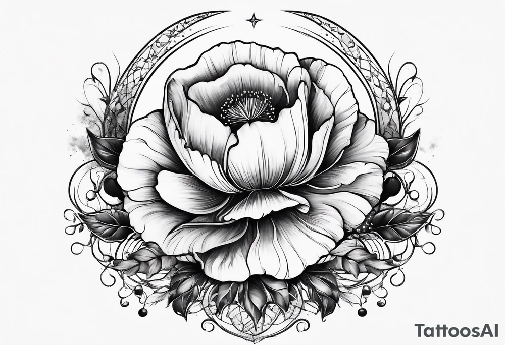 spine tattoo with stars, moon, clouds, poppy tattoo idea