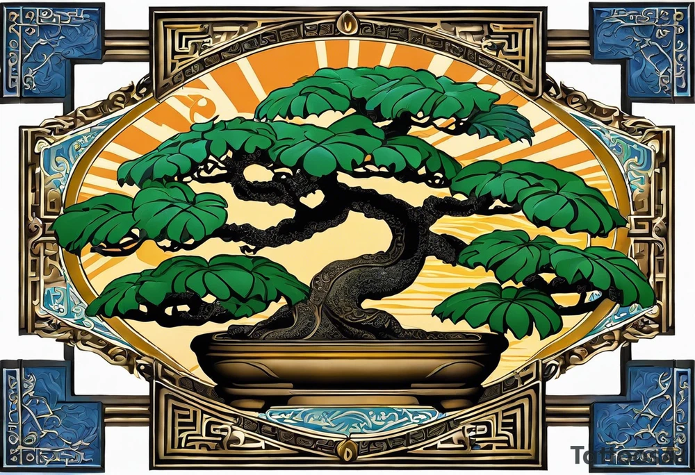 Ein blaues Tattoo über den ganzen Rücken aus orientalischen Fliesen, einem Bonsai, einem Monstera Ableger, Zitronen und Maori Stilelemente. Vertikal über der Wirbelsäule solte Perspektive mit teilweise verdrehten Buchstaben stehen. Abschließend an der hüfte entlang einen runden po zaubern. tattoo idea