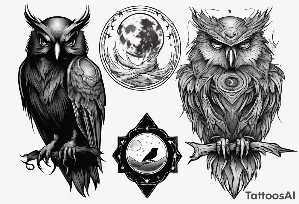 Raven on the left. Owl on the right. Mystic. Dark Demonic Energy. The Moon. tattoo idea