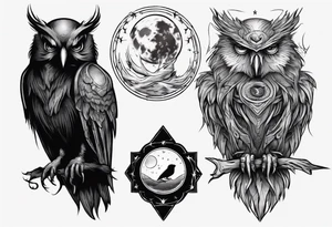 Raven on the left. Owl on the right. Mystic. Dark Demonic Energy. The Moon. tattoo idea