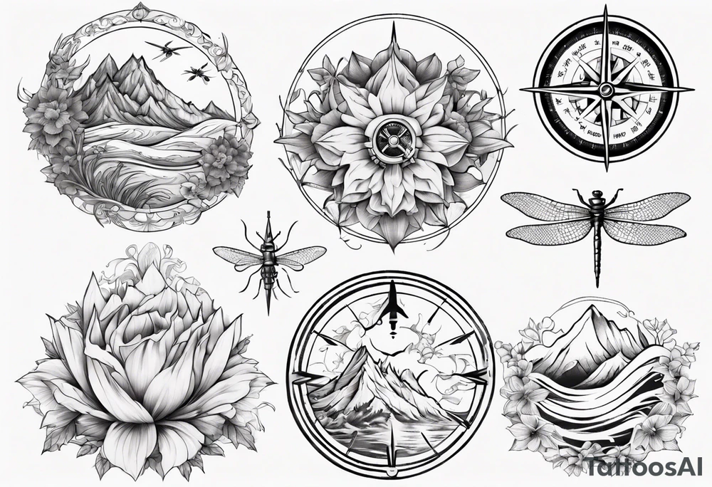 Compass, waves, mountains,
with flowers and dragon fly tattoo idea