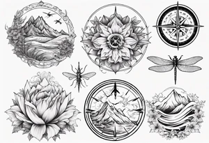 Compass, waves, mountains,
with flowers and dragon fly tattoo idea