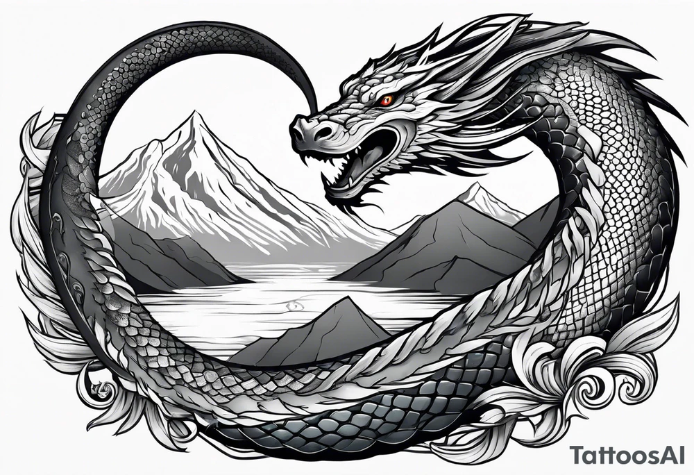 jörmungandr around the arm with mountains tattoo idea