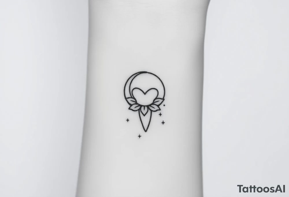 Fine-line molar tooth hanging like a pendant from a crescent moon made of delicate petals, surrounded by three faint sparkling dots, no heavy fill.” tattoo idea