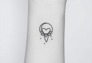 Fine-line molar tooth hanging like a pendant from a crescent moon made of delicate petals, surrounded by three faint sparkling dots, no heavy fill.” tattoo idea