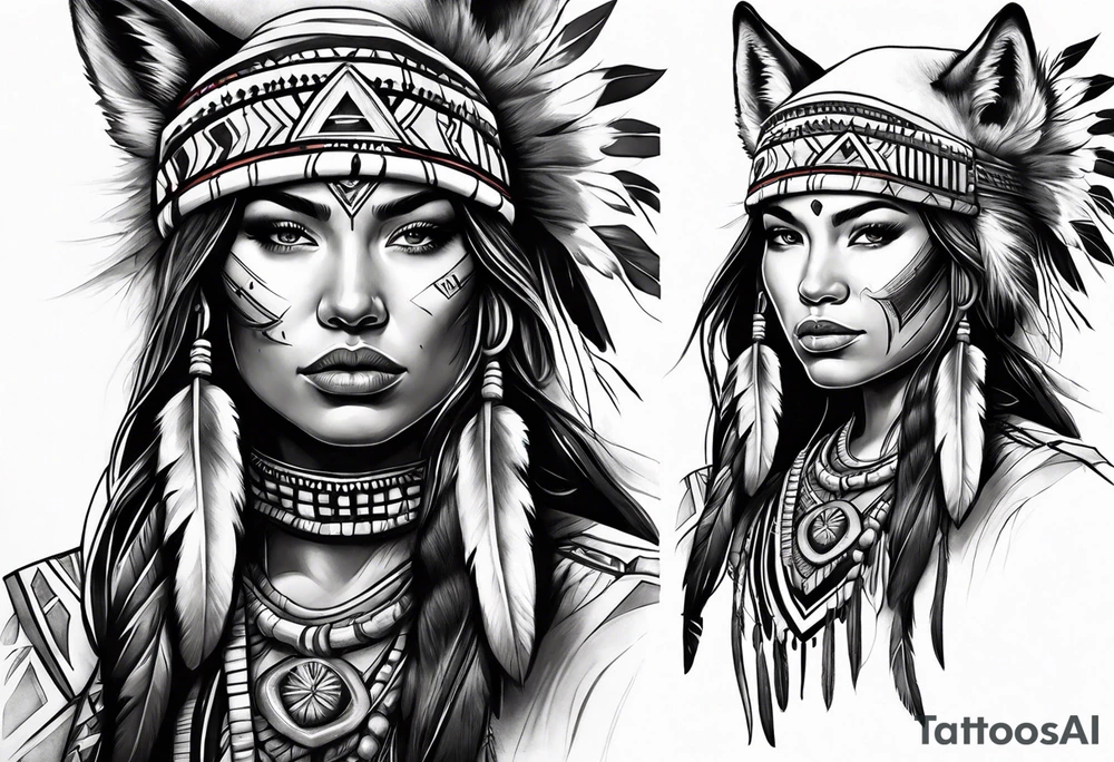 Female Native American warrior with wolf head hat tattoo idea