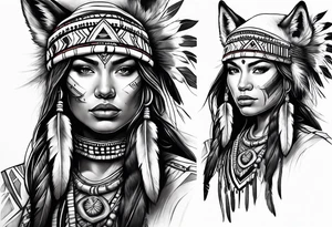 Female Native American warrior with wolf head hat tattoo idea