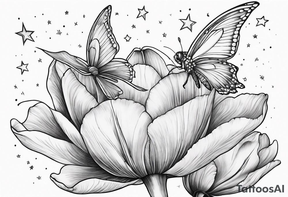 a fairy flying into a tulip with stars in the sky tattoo idea