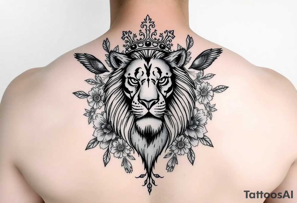 powerful majestic lion with a crown, surrounded by floral ornaments and birds tattoo idea
