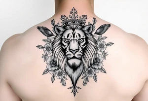powerful majestic lion with a crown, surrounded by floral ornaments and birds tattoo idea