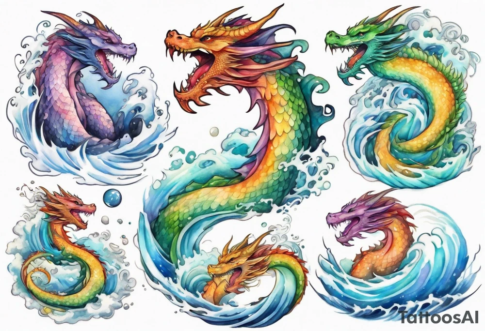a beautiful rainbow colored female dragon rising from the waves of the sea tattoo idea