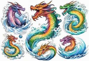 a beautiful rainbow colored female dragon rising from the waves of the sea tattoo idea