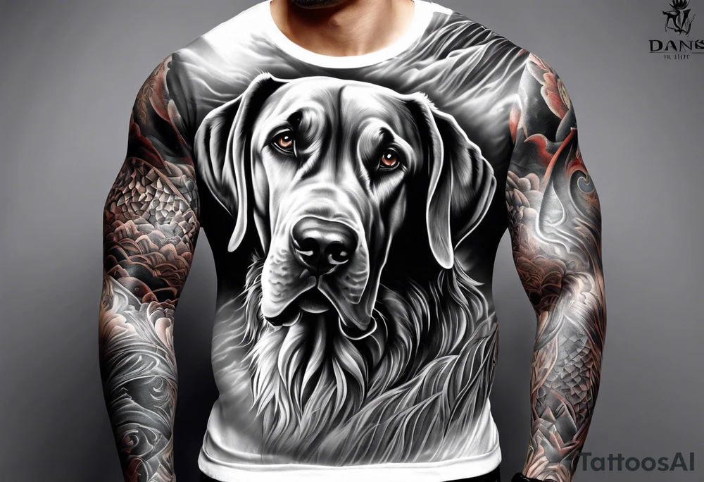 Full arm sleeve. Great Danes in waterfall tattoo idea