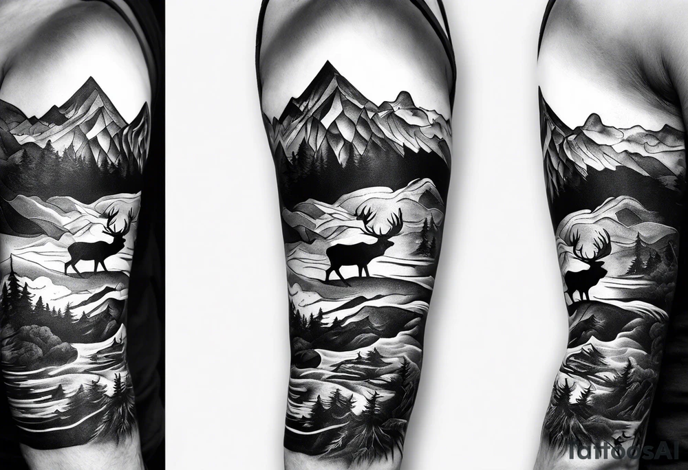 Arm sleeve with a mountain and elk tattoo idea