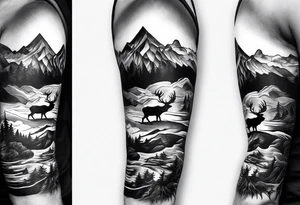 Arm sleeve with a mountain and elk tattoo idea