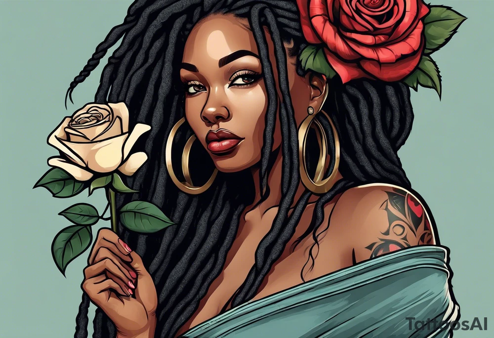 beautiful thick black women with long straight dreadlocks, holding a beautiful single rose,, pastel, old school traditional, tattoo idea
