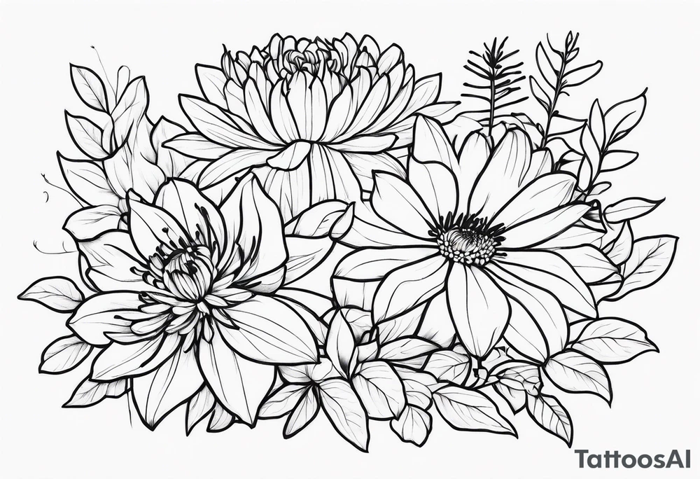 Asters, roses, Lillies, chrysanthemums in a stretched line tattoo idea
