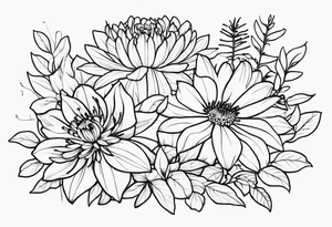 Asters, roses, Lillies, chrysanthemums in a stretched line tattoo idea