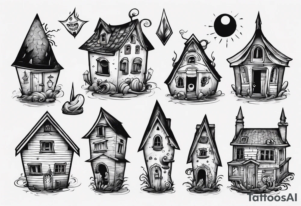 A little house with a monster coming out of its pointy roof tattoo idea