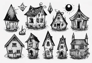 A little house with a monster coming out of its pointy roof tattoo idea