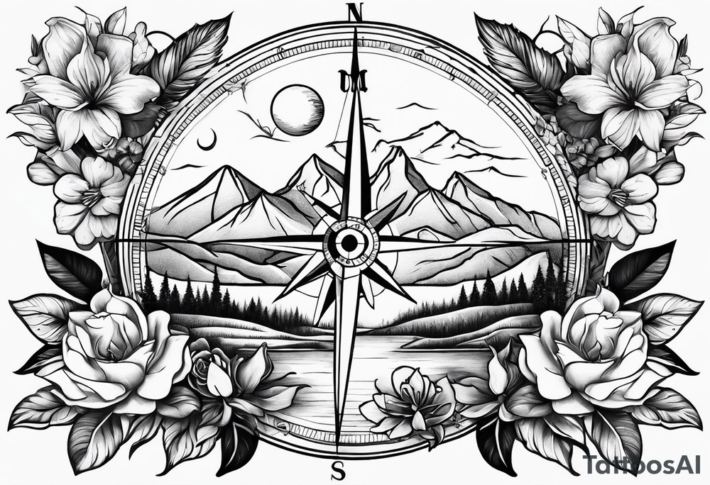 Compass with mountains and moons and flowers like roses or orchids tattoo idea