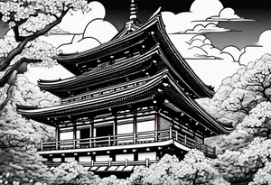 Japanese temple with cherry blossom leaves closer to foreground tattoo idea