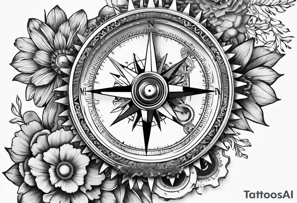 A Vintage compass with gears and marigold flower behind the compass. tattoo idea