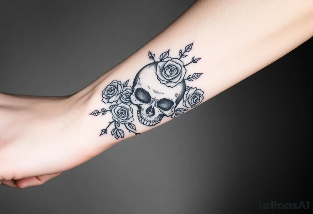 gothic skull intertwined with climbing roses and thorny vines tattoo idea
