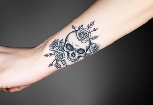 gothic skull intertwined with climbing roses and thorny vines tattoo idea