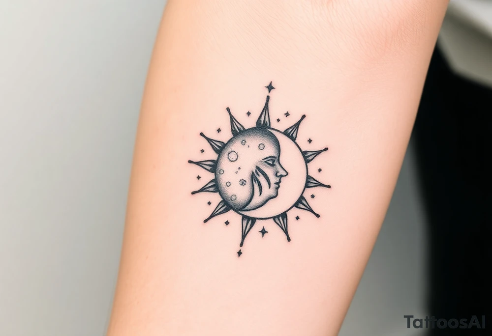 celestial sun and moon embrace with constellation patterns tattoo idea