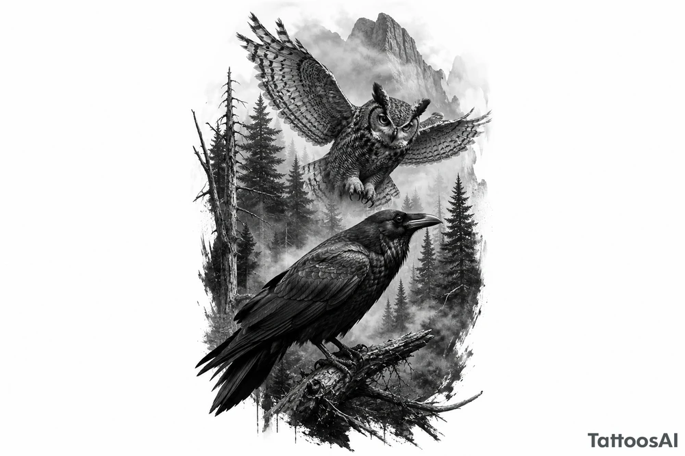 Detailed raven and owl in a dense, foggy forest, photorealistic style. tattoo idea