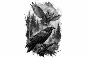 Detailed raven and owl in a dense, foggy forest, photorealistic style. tattoo idea