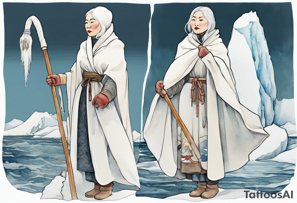 a middle aged Inuit woman with white hair, wearing mittens, wearing a white cloak, holding a white staff, wearing mukluks, standing on an iceberg in the sea tattoo idea