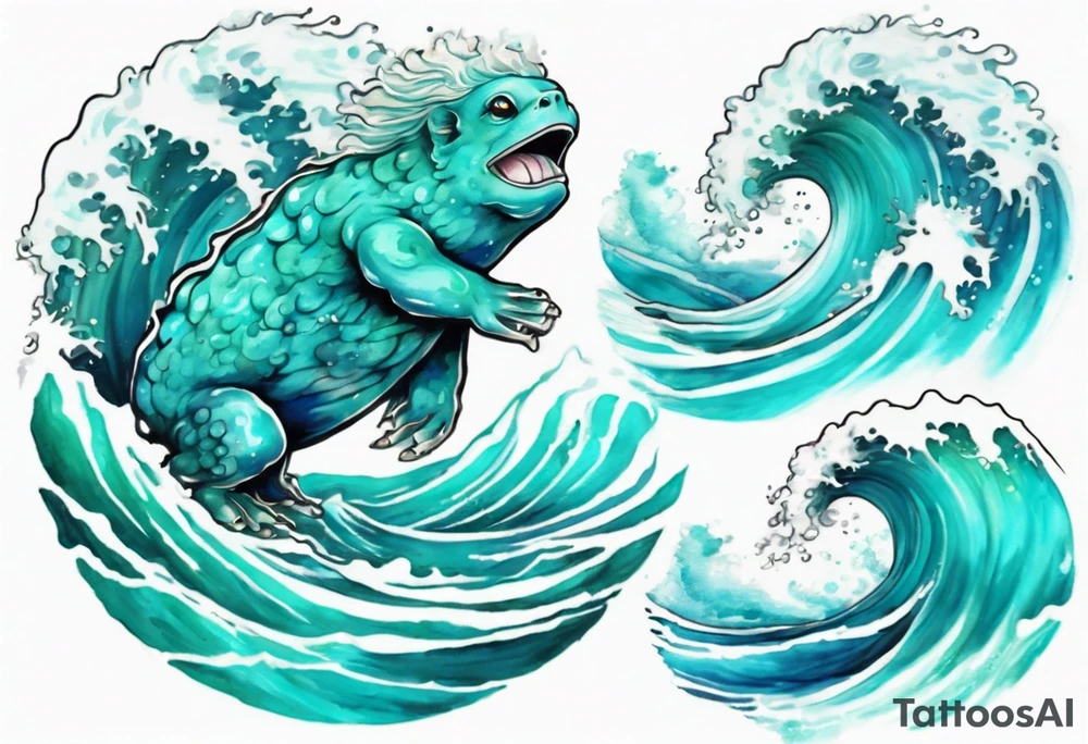 a beautiful turquoise kappa emerging from an ocean wave, crashing onto the shore tattoo idea