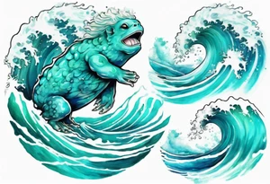 a beautiful turquoise kappa emerging from an ocean wave, crashing onto the shore tattoo idea