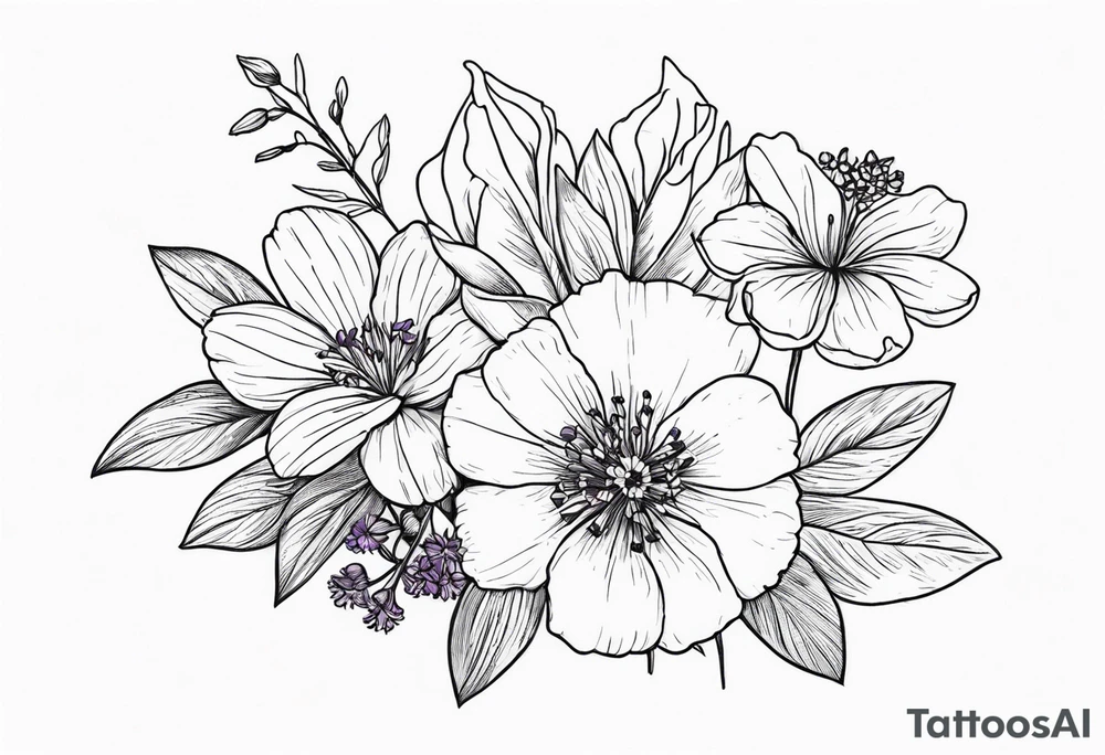 Small, fine line Birth flower bouquet with 2 violets, 3 larkspur, 2 aster, no leaves tattoo idea