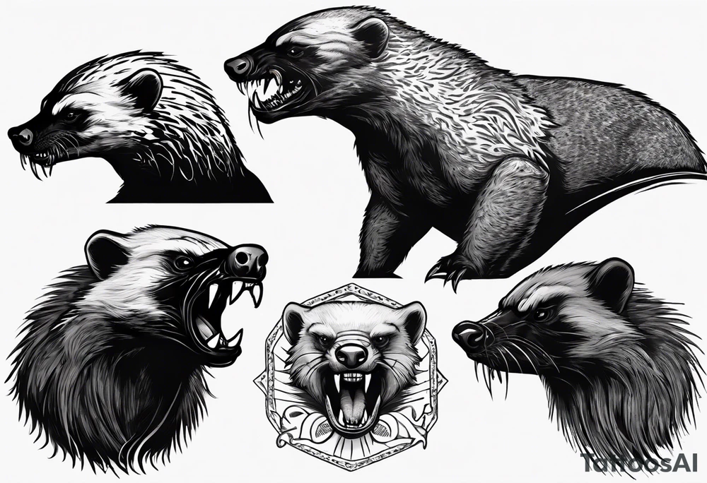 Angry, snarling, detailed honey badger facing in front tattoo idea