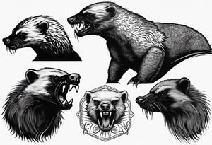 Angry, snarling, detailed honey badger facing in front tattoo idea