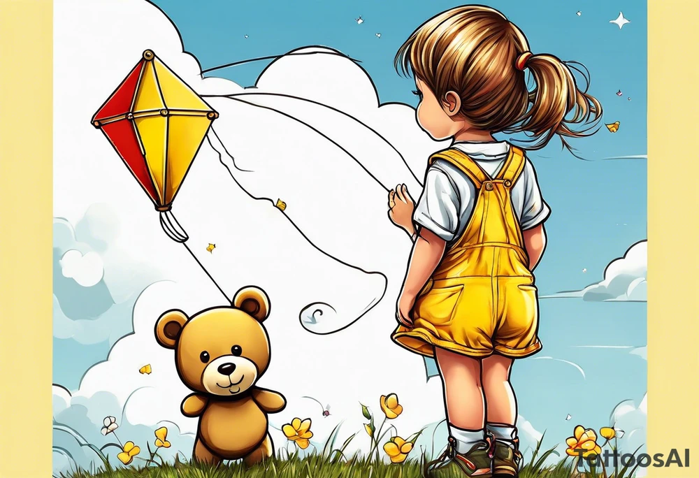 back image of a little girl flying a kite with a teddy bear in yellow overalls standing beside her tattoo idea