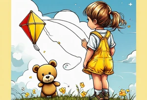 back image of a little girl flying a kite with a teddy bear in yellow overalls standing beside her tattoo idea