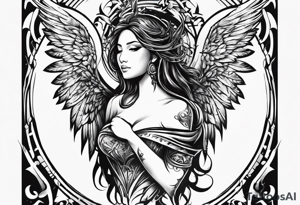 the word Glenn on a banner and angel wings tattoo idea