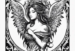 the word Glenn on a banner and angel wings tattoo idea