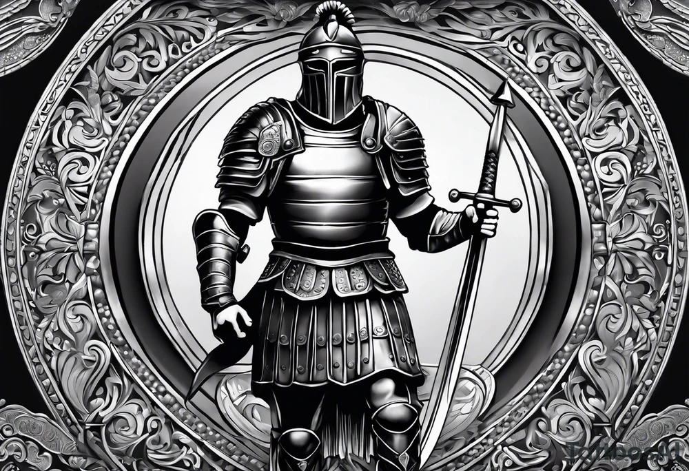 a black and white illustration of a roman soldier from AD 60, wearing armor which must include an armoured belt, breastplate, armoured shoes, shield, helmet and sword.
the soldier must look strong. the soldier is faceless. The image must include the full person - from head to toes tattoo idea