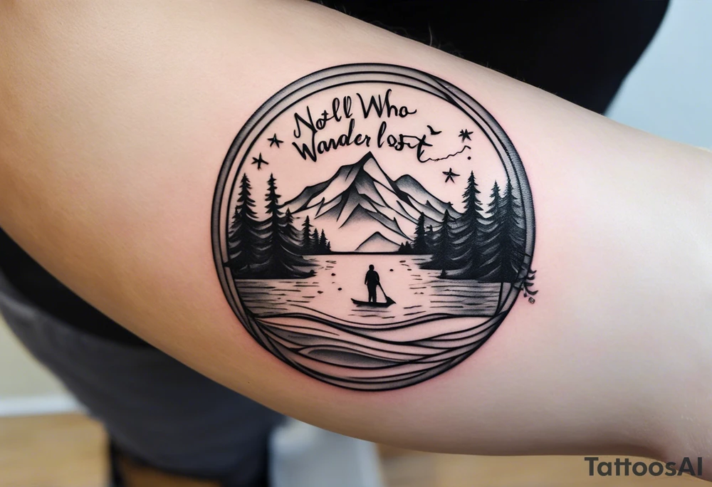 A half sleeve tattoo that features the quote **"Not all who wander are lost"** in elegant script on the outer forearm. Surrounding it are a compass rose and flowing elements like mountains, waves, and trees, symbolizing adventure and nature. Small travel icons like a plane and backpack are interspersed, enhancing the theme of exploration. The design uses a dynamic look that wraps naturally around your forearm. tattoo idea