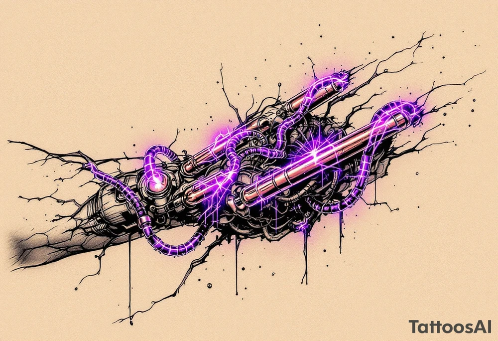 A  vivid design featuring copper tubes and violet plasma lines integrated into the skin’s anatomy. tattoo idea